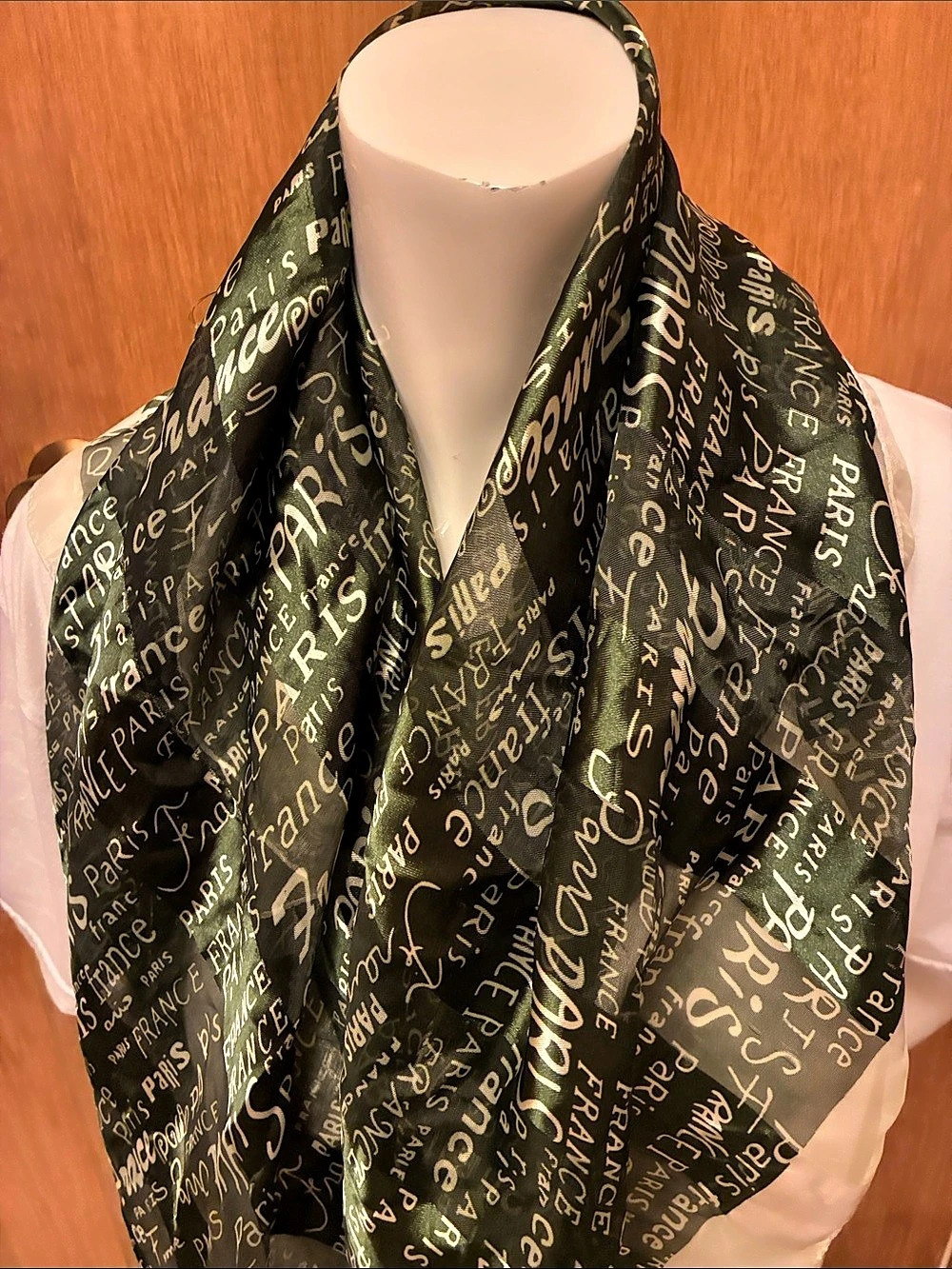 Paris France Typography Satin Scarf Dark Olive Green Silver Text Wrap